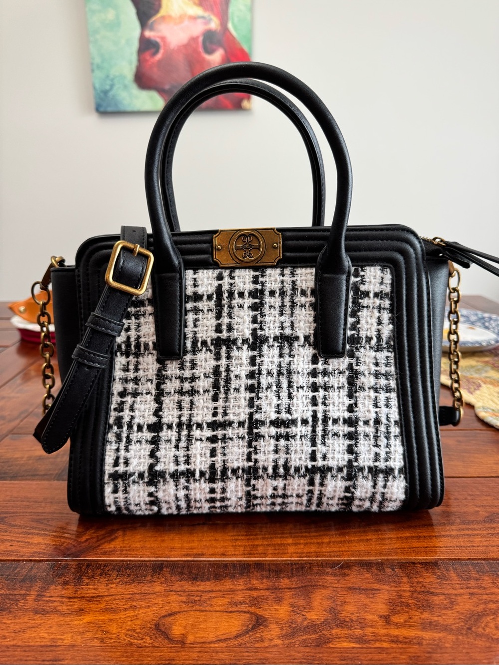 Nine West Black and White Tweed Satchel with Gold Hardware